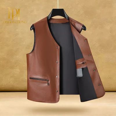 Men's Vintage Genuine Top Grain Cowhide Vest High Grade Casual Leather Waistcoat Outerwear for Middle Aged Elderly Dad