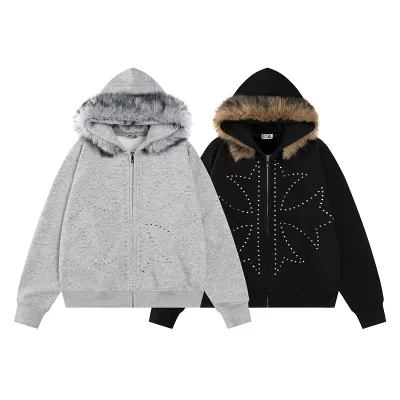 Men's Winter Vintage Casual Loose Fit Polyester/Cotton Rhinestone Zip-Up Hoodie with Fur Trim