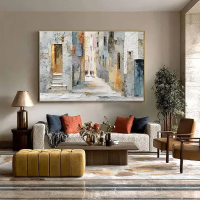 Golden Passage Textured Impasto Canvas Still Life Paintings of a Sunlit European Alleyway Handmade Unframed Wall Decorative Arts