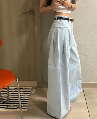 New Vintage Stylish Wrinkle Slim Waist Wide Leg Denim Pants Ladies Casual Trousers Wholesale