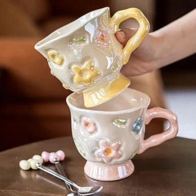 Creative Pearl Glazed Flower Ceramic Coffee Mug Decorative Home Office Breakfast Water Cup