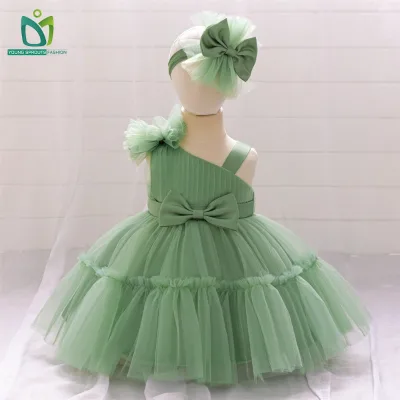 Wholesale Summer Ball Gown Princess Dress for Girls 2 Years Old Little Girls Baby Tulle Dresses Solid Pattern Bow Decoration