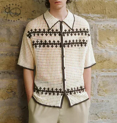 KD Knit Manufacturer Custom Summer Short Sleeve Jacquard Button Hollow Out Cardigan Crochet Knitted Polo Men Shirt