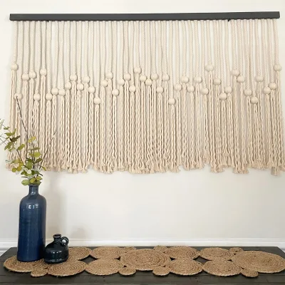 Textured Organic Fiber Wall Art Handcrafted Ivory Macrame Bobble Fringe Tapestry for Earthy Minimalist Entryways