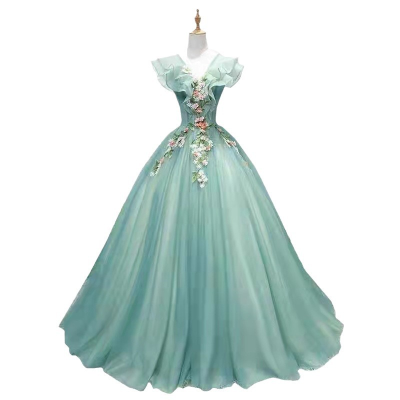 2024 Nice V Neck Ball Gown Prom Dresses African Evening Dresses 3D Flowers Formal Party Pageant Celebrity Gown