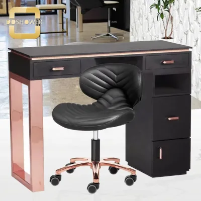 Black Glass Top Pedicure Nail Table of Rose Gold Manicure Table with Vacuum Cleaner for Customized Size Manicure Station Package