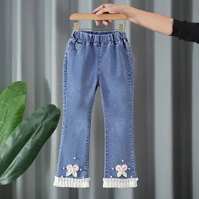 Girls' Casual Spring Autumn Cotton Slim Flared Jeans Cartoon Lace Trim Elastic Waistband Mid-Rise Garment Dyed Soft Long