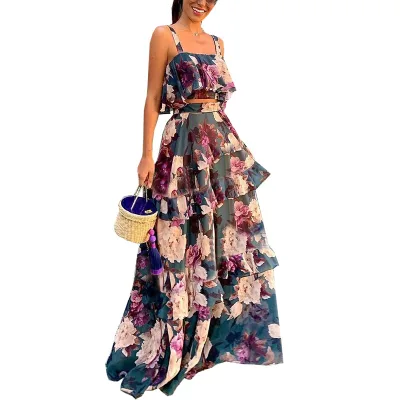 Summer Women Good Quality Matching Skirt and Top Set Floral Print 2 Piece Skirt Suit