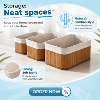 Modern Bamboo Woven Storage Organizer Set of 3 Fabric Lined Bin Shelf Basket for Bathroom Closet Kitchen Home Use