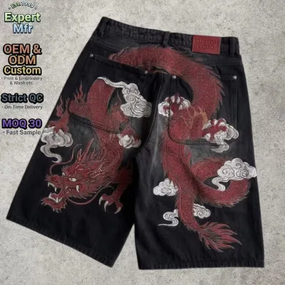 Embroidered Dragon Jean Shorts Hip Hop Loose Fit Black Wiped Light Wash Men Denim Cargo Shorts Summer Mid Waist Belt Knitted
