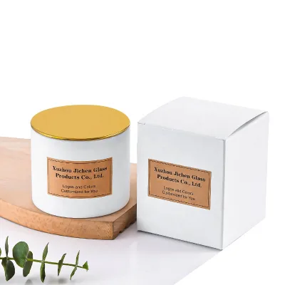 matte white high borosilicate glass candle holder as ornament with white carton packaging matched gold metal lid