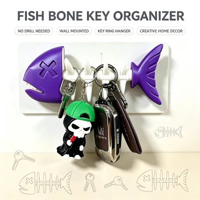 Fish Bone Key Holder Wall Mounted Key Organizer No Drill Hanging Hook for Entrance Bedroom Home Storage Decor