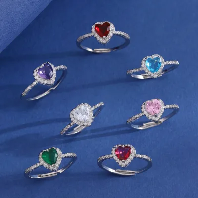 Cross-border Colorful Heart-shaped Zircon Diamond Copper Women's High-end Open Adjustable European-American Style Ring Wholesale