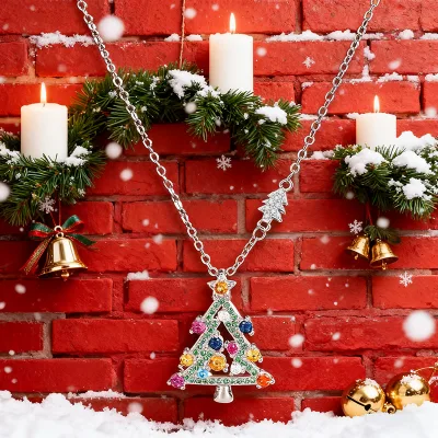 Fashion Jewelry Silver Colored Zircon Christmas Tree Pendant Necklace Christmas Gift Holiday Necklaces for Jewelry Women