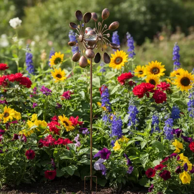 Outdoor Garden Modern Large Iron Magic Metal Flower Windmill Stake Kinetic Wind Artwork Wind Spinner