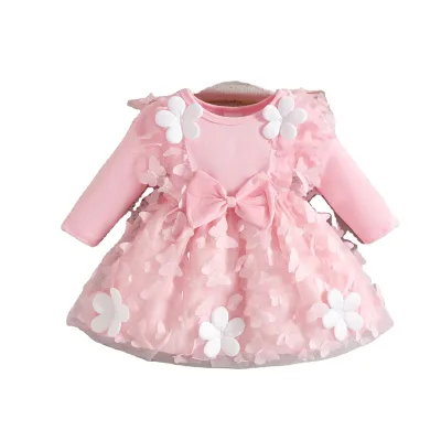 Baby Girl Autumn Winter New Knitted Fabric Butterfly Mesh Splicing Dress Solid Color Long Sleeve Pleated Lace Jumpsuit A-Line