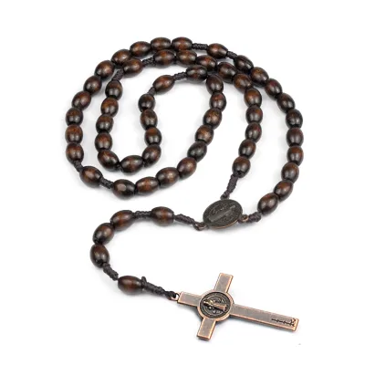 Wholesale Catholic Fashion Jewelry Necklaces Cross Beaded Rosary Necklace Wooden Beaded