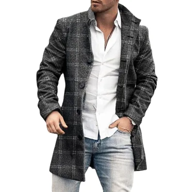 Plaid Men's Coat 2022 New Foreign Trade Wish Jacket European Station Amazon Trench Coat Speed Sell Through Tweed Wholesale