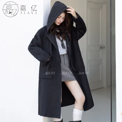 Ladies' Oversized Wool Coat, a Coat Suitable for Winter Wear, a Pure-color Cashmere Long Coat with a Knitted Hood