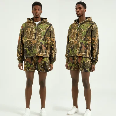 Custom Men's Camouflage Loose Sets Long Sleeves Hoodies Gold Zipper up High Quality Fashion Hoodies Sets
