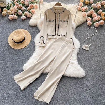 LE4470 Knit Suit Women'S Two-Piece Set New Autumn Single-Breasted Cardigan High Waist Thin Wide Leg Pants Two-Piece Set