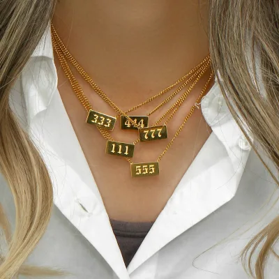 18K Gold Plated Stainless Steel Angel Number 111 to 999 Square Pendant Cuban Chain Choker Necklaces Pearl Tarnish Free Jewelry