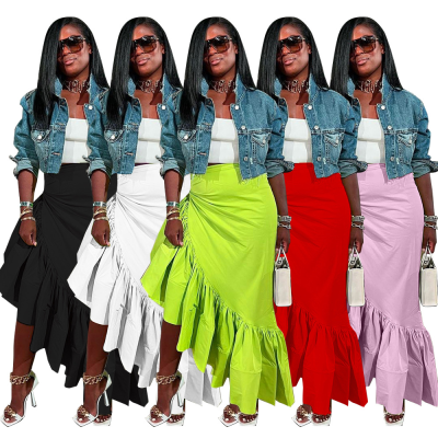 Wholesale Casual Solid Long Ruffles Midi Skirts for Women