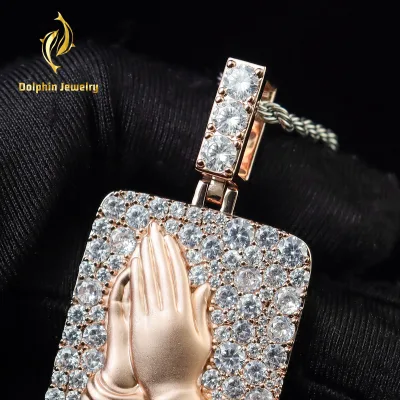 925 Sterling Silver Gold Plated Prayer Hand Pendant Set with Moissanite Hip Hop Style Religious Theme for Unisex