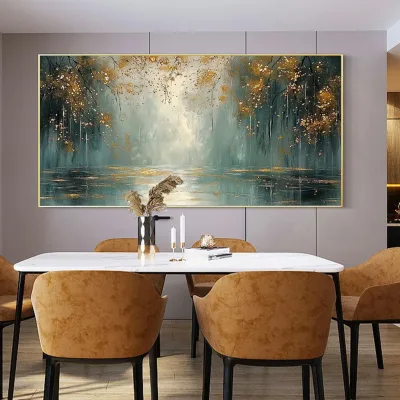 Misty Emerald Forest Lake Painting Large Hand Painted Oil Painting on Canvas for Hotel Home Living Room Lobby Wall Decor