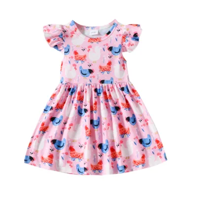 Spring Children's Girls' Sweet Animal Print Knee-Length Ball Gown Dress with Small Sleeves and Bow Detail Cotton Linen Fabric