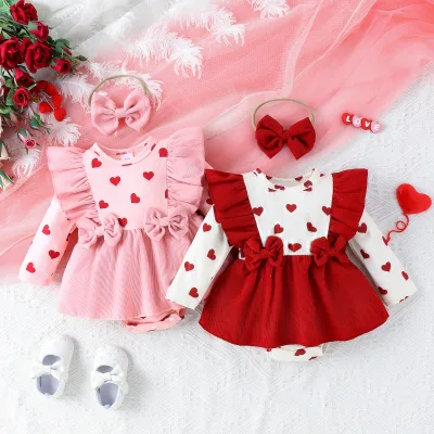 2 Piece Outfits Contrast Colors Ribbed Corduroy Long Sleeve Baby Girl Printed Heart Valentine Romper and Cute Headband
