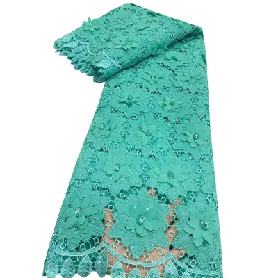 Turquoise Green 3D Floral Chiffon Stone Lace Fabric Hollow Cutwork Rhinestone Embroidered Lace West African Party Gown Material