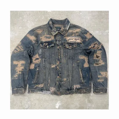 High Quality Customized Streetwear Pocket Design Vintage Washed Jeans Jacket Oversized Men'S Distressed Ripped Denim Jacket