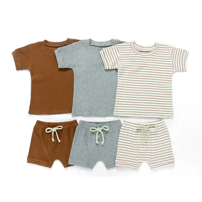 Solid Pattern Baby Boy Clothing Set Casual Style Short Sleeve Outfits Thick Rib Fabric for Autumn Winter Wholesale for Toddlers