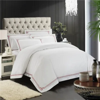 Hotel Linen Bedding Sets Custom Wholesale Hotel Home Hospital Cheap White Embroidery Lines Cotton Flange Duvet Cover 200TC Dobby