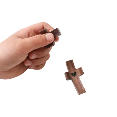 Mini Walnut Wooden Cross for Fingertip Stress Relief Pocket Gift Easter Christian Prayer Engraving for Christian Prayer Gift