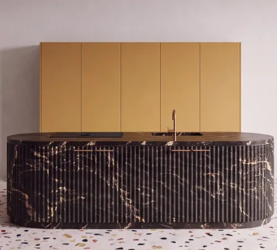 Oval Luxury Black Gold Marble Kitchen Island Fluted Cabinet Design Custom Kitchen Counter With Sink & Cooktop