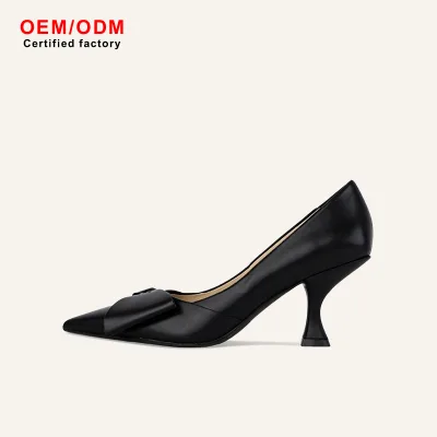 OEM Custom Women Bow Accent Pointed-Toe Slip-On Stiletto Heels Premium Satin Fashion Trend Evening Banquet Shoes French-Inspired