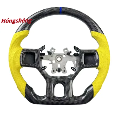 High-End 100% Real Carbon Fiber Steering Wheel for Dodge Ram Yellow Perforated Leather Top Automotive Interior Accessory
