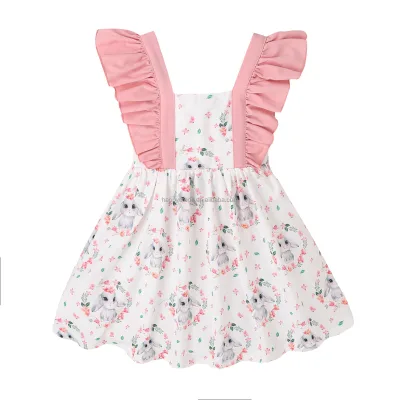 Customizable High Quality Girls Easter Cute Rabbit Print Spliced Flying Sleeve Princess Girls Dress