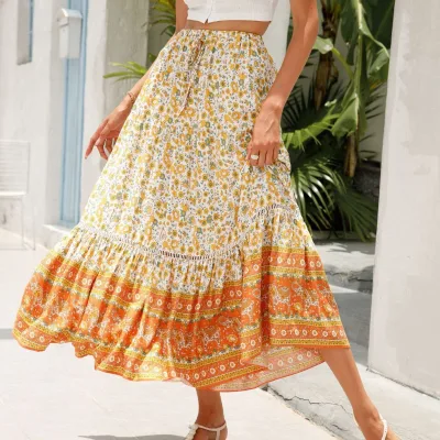 2026 New Arrival Empire Waist Lace-Embroidered Bohemian Beach Dress-Floral Cotton Half-Length Skirt with Anti-Wrinkle Feature