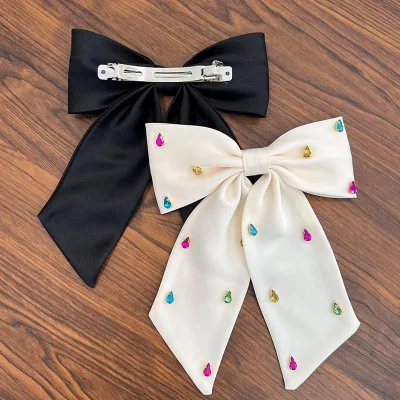 Gordon Ribbons Large Silky Satin Hair Bows Long Tail Rhinestone Silk Hair Ribbon Bowknot
