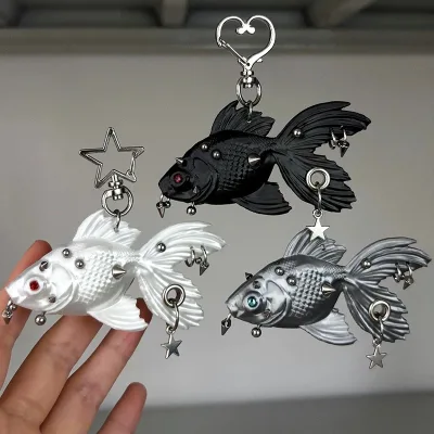Wholesale Punk Style Bag Charms Keychain Y2K Style 3D Fish Keychain Vibrant pink Fish Pendant Charm with Star Accents Bag Charms