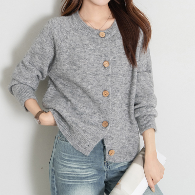 Women Light Gray Irregular Button Knit Cardigan - Casual Loose Top