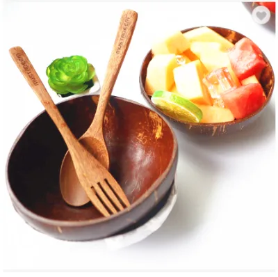 Wholesale Natural Eco Friendly Organic Polished Coconut Bowl Shell With Wooden Spoon and Fork for Salad Smoothie Coconut Bowl