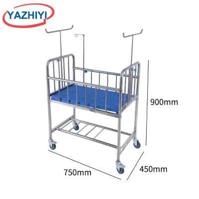 YAZHIYI Rolling Medical Newborn Cot Stainless Steel Infant Bed With Side Rail Mattress IV Stand For Nursing Home Hospital Use