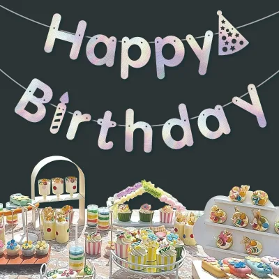 Birthday Party Decoration Happy Birthday English Alphabet Hanging Flag Gold Foil Flower Banner