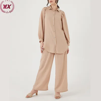 2023 Dubai Elegant Women Muslim Suits Modest Long Tunic Pants Co Ord Set 2Pcs Islamic Clothing Suit With Buttons