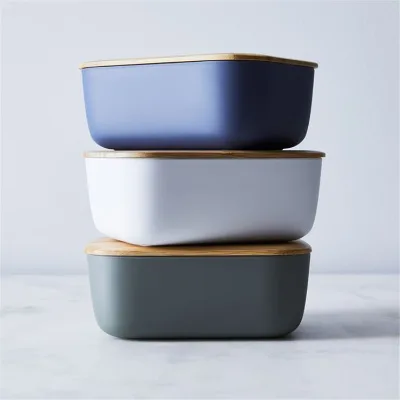 Popular Design Custom Color Restaurant Ceramic Butter Dish with Bamboo Lid