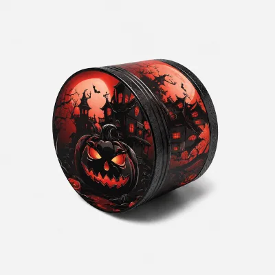 Black Full Barrel Heat Transfer Red Blood Moon Evil Pumpkin Haunted Mansion Bat 4 Tier Magnetic Handheld Metal Herb Grinder